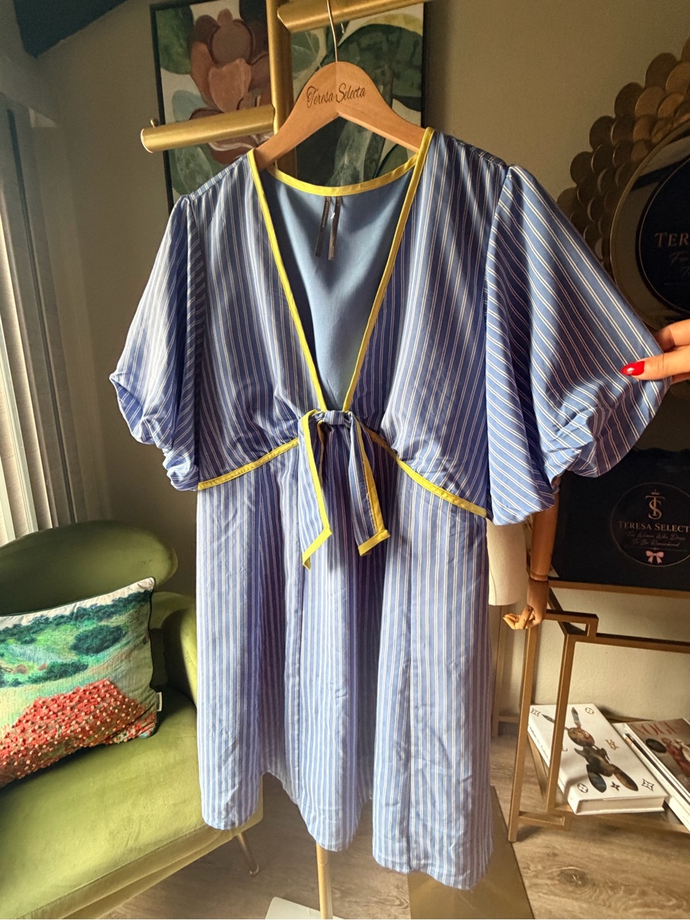 Anthropologie Maeve Blue Striped Midi Dress Yellow Trim Tie Front Size L Boho - Picture 9 of 10